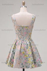 Suzhoufashion Grey Square Neck Jacquard A-Line Short Corset Homecoming Dress