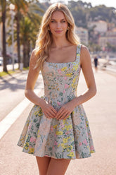 Suzhoufashion Grey Square Neck Jacquard A-Line Short Corset Homecoming Dress