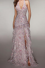 Suzhoufashion Halter Sequin Prom Dress With Corset Bodice High Slit & Ruffle Skirt Formal Evening Gown