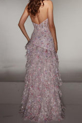 Suzhoufashion Halter Sequin Prom Dress With Corset Bodice High Slit & Ruffle Skirt Formal Evening Gown