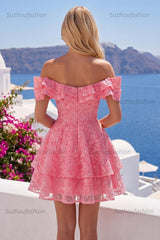 Suzhoufashion Hot Pink Lace Beaded Ruffled Off The Shoulder A Line Short Homecoming Dress