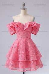 Suzhoufashion Hot Pink Lace Beaded Ruffled Off The Shoulder A Line Short Homecoming Dress