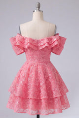 Suzhoufashion Hot Pink Lace Beaded Ruffled Off The Shoulder A Line Short Homecoming Dress