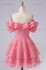 Suzhoufashion Hot Pink Lace Beaded Ruffled Off The Shoulder A Line Short Homecoming Dress