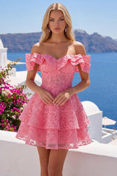 Suzhoufashion Hot Pink Lace Beaded Ruffled Off The Shoulder A Line Short Homecoming Dress