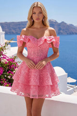 Suzhoufashion Hot Pink Lace Beaded Ruffled Off The Shoulder A Line Short Homecoming Dress