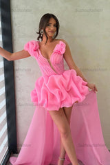 Suzhoufashion Hot Pink One Shoulder A-Line High-Low Organza Homecoming Dress with Ruffles