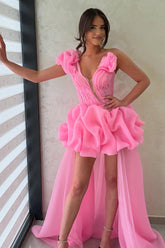 Suzhoufashion Hot Pink One Shoulder A-Line High-Low Organza Homecoming Dress with Ruffles
