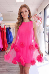 Suzhoufashion Hot Pink Round Neck Bodycon Short Homecoming Dress with 3D Flowers