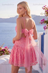 Suzhoufashion Hot Pink Short Lace Sequin Spaghetti Straps A Line Homecoming Dress with Bow