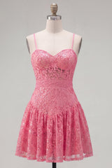 Suzhoufashion Hot Pink Short Lace Sequin Spaghetti Straps A Line Homecoming Dress with Bow