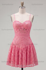 Suzhoufashion Hot Pink Short Lace Sequin Spaghetti Straps A Line Homecoming Dress with Bow