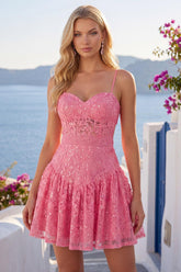 Suzhoufashion Hot Pink Short Lace Sequin Spaghetti Straps A Line Homecoming Dress with Bow
