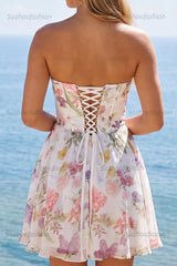 Suzhoufashion Ivory Floral Strapless Corset A-Line Short Homecoming Dress