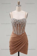 Suzhoufashion Khaki Tight Ruched Short Corset Homecoming Dress with Rhinestones