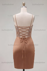 Suzhoufashion Khaki Tight Ruched Short Corset Homecoming Dress with Rhinestones