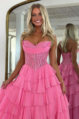 Suzhoufashion Layered Ruffle A-Line Prom Dress With Embellished Lace Bodice And Leg Slit Formal Evening Gown