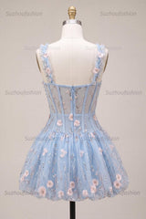 Suzhoufashion Light Blue Corset Beaded A Line Bubble Short Homecoming Dress with 3D Flowers