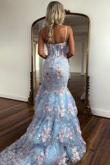 Suzhoufashion Light Blue Floral Embroidered Mermaid Prom Dress With Tiered Tulle Train Formal Evening Gown