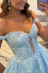 Suzhoufashion Light Blue Lace Ruffled Prom Dress Corset Off The Shoulder Long Formal Dress With Slit