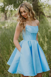 Suzhoufashion Light Blue Short Corset Strapless Homecoming Dress with Pockets