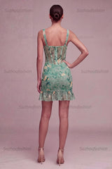 Suzhoufashion Light Green Floral Corset Tight Short Homecoming Dress with Ruffles