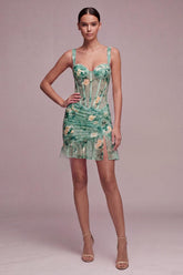 Suzhoufashion Light Green Floral Corset Tight Short Homecoming Dress with Ruffles