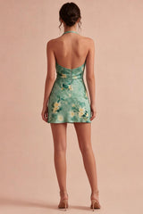 Suzhoufashion Light Green Floral Halter Backless Short Homecoming Dress