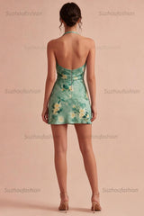 Suzhoufashion Light Green Floral Halter Backless Short Homecoming Dress