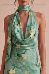 Suzhoufashion Light Green Floral Halter Backless Short Homecoming Dress