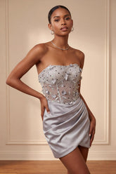 Suzhoufashion Light Grey Ruched Floral Tight Corset Short Homecoming Dress