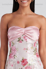 Suzhoufashion Light Pink Strapless Sequin Floral Tight Short Homecoming Dress