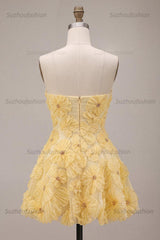 Suzhoufashion Light Yellow Beaded Floral A Line Short Homecoming Dress
