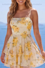 Suzhoufashion Light Yellow Floral Ruffled A-Line Short Homecoming Dress with Pearl Details