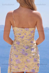 Suzhoufashion Light Yellow One-Shoulder Floral Tight Short Homecoming Dress with Sash