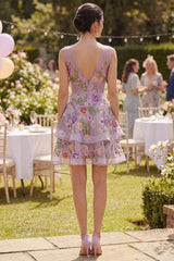 Suzhoufashion Lilac Floral V-Neck A-Line Corset Short Homecoming Dress with Ruffles