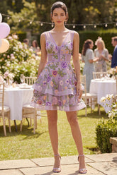 Suzhoufashion Lilac Floral V-Neck A-Line Corset Short Homecoming Dress with Ruffles