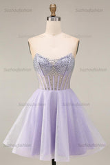 Suzhoufashion Lilac Sequin Strapless A-Line Corset Short Homecoming Dress with Beading