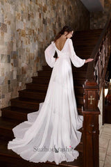Suzhoufashion Long Sleeve Beach Wedding Dress V Neck A Line Bridal Gown with Slit
