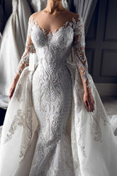 Suzhoufashion Long Sleeve Wedding Dress Ivory Mermaid Crew Neck Bridal Gown with Detachable Train
