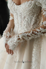 Suzhoufashion Long Sleeve Wedding Dress Off the Shoulder Beaded Lace Appliques Bridal Gown