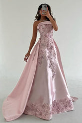 Suzhoufashion Luxurious A-Line Strapless Satin Pink Party Dress With Court Train Appliques Formal Evening Gown