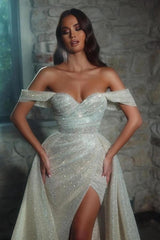 Suzhoufashion Luxurious Sleeveless A-Line Glitter Wedding Dresses With Split off-the-shoulder