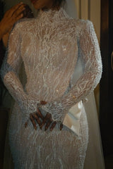 Suzhoufashion Luxury Long Sleeve Wedding Dress Beaded Mermaid High Neck Bridal Gown with Detachable Train