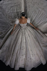 Suzhoufashion Luxury Short Sleeve Wedding Dress Ball Gown Square Neck Bridal Gown with Beadings and Rhinestones