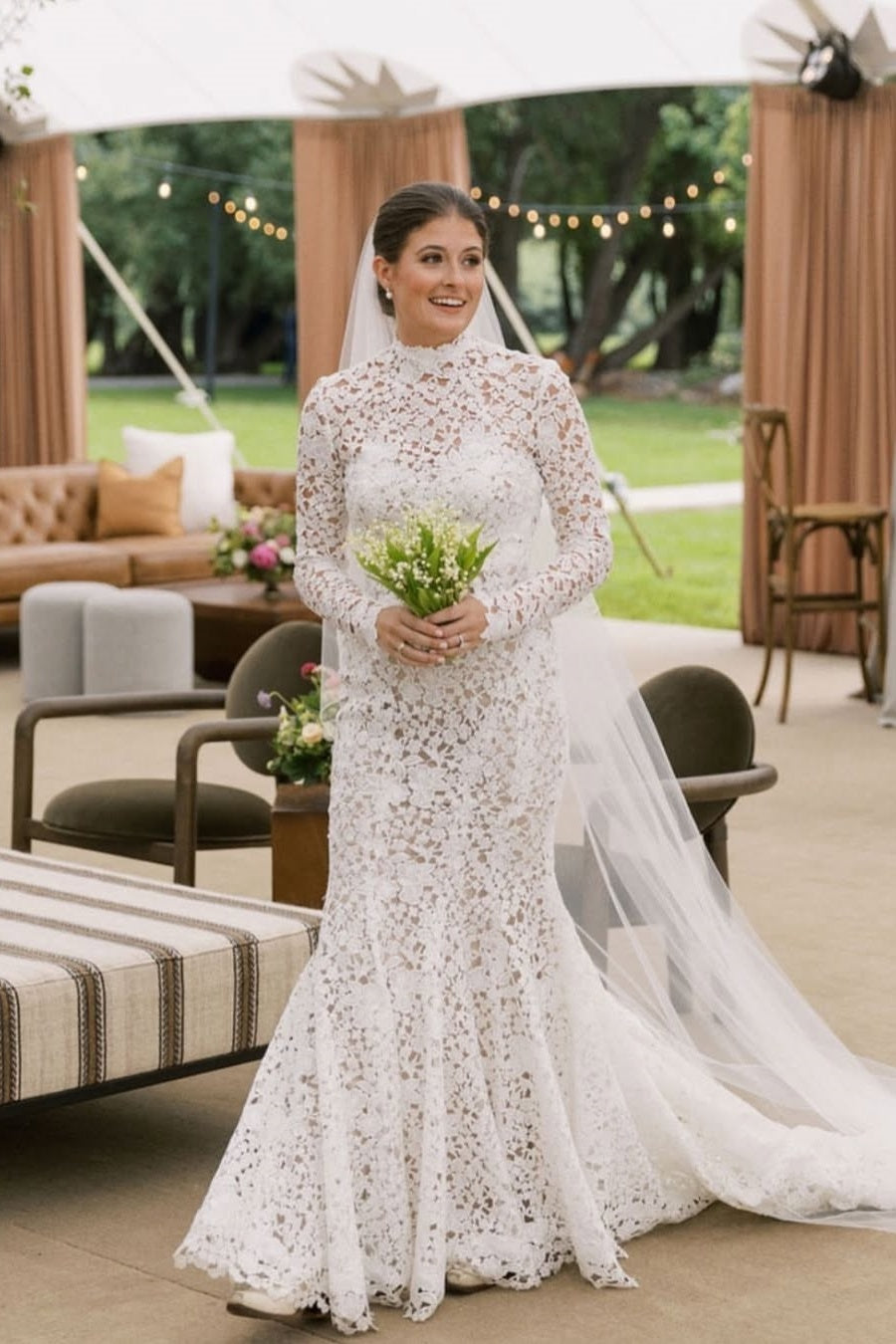 Suzhoufashion Women Mermaid Beach Wedding Dress Long Sleeve Lace High Neck Bridal Gown