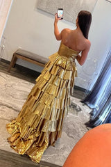 Suzhoufashion Metallic Gold A-Line Sweetheart Long Tiered Ruffle Prom Gown Formal Evening Gown