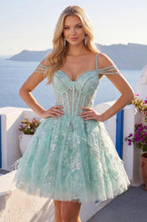 Suzhoufashion Mint Cold-Shoulder Floral Beaded A-Line Corset Short Homecoming Dress