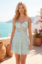 Suzhoufashion Mint Floral Cold-Shoulder Beaded A-Line Corset Short Homecoming Dress
