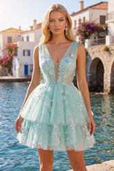 Suzhoufashion Mint Floral V-Neck Beaded A-Line Short Homecoming Dress with Ruffles
